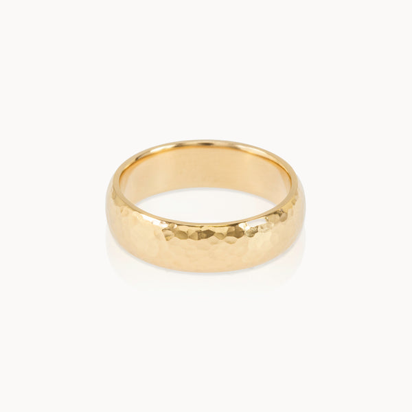 Fairmined gold wide ring with hammered texture, ethically made unisex band. This rings makes a unique wedding ring.