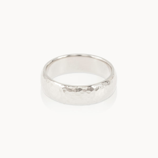 Wide hammered Fairmined silver band, unisex minimalist jewellery handcrafted sustainably.