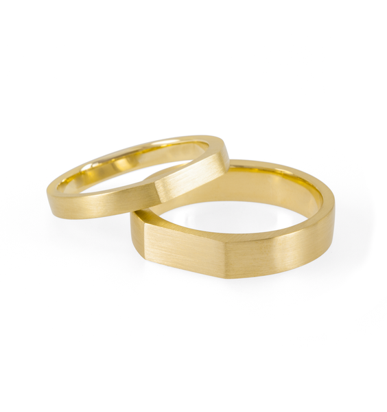 Signet shaped eco-friendly recycled gold wedding bands