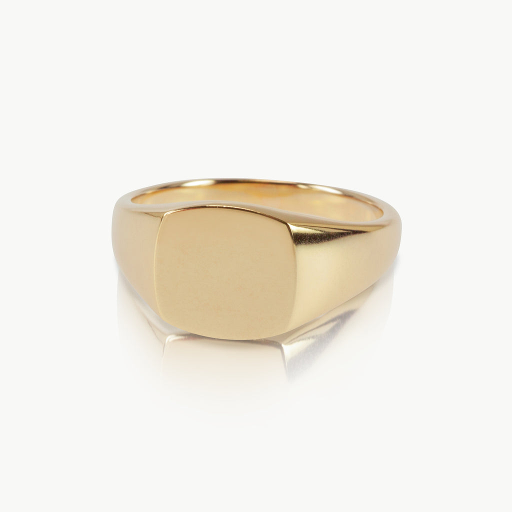 Eco-friendly gold square signet ring, bold handmade design.