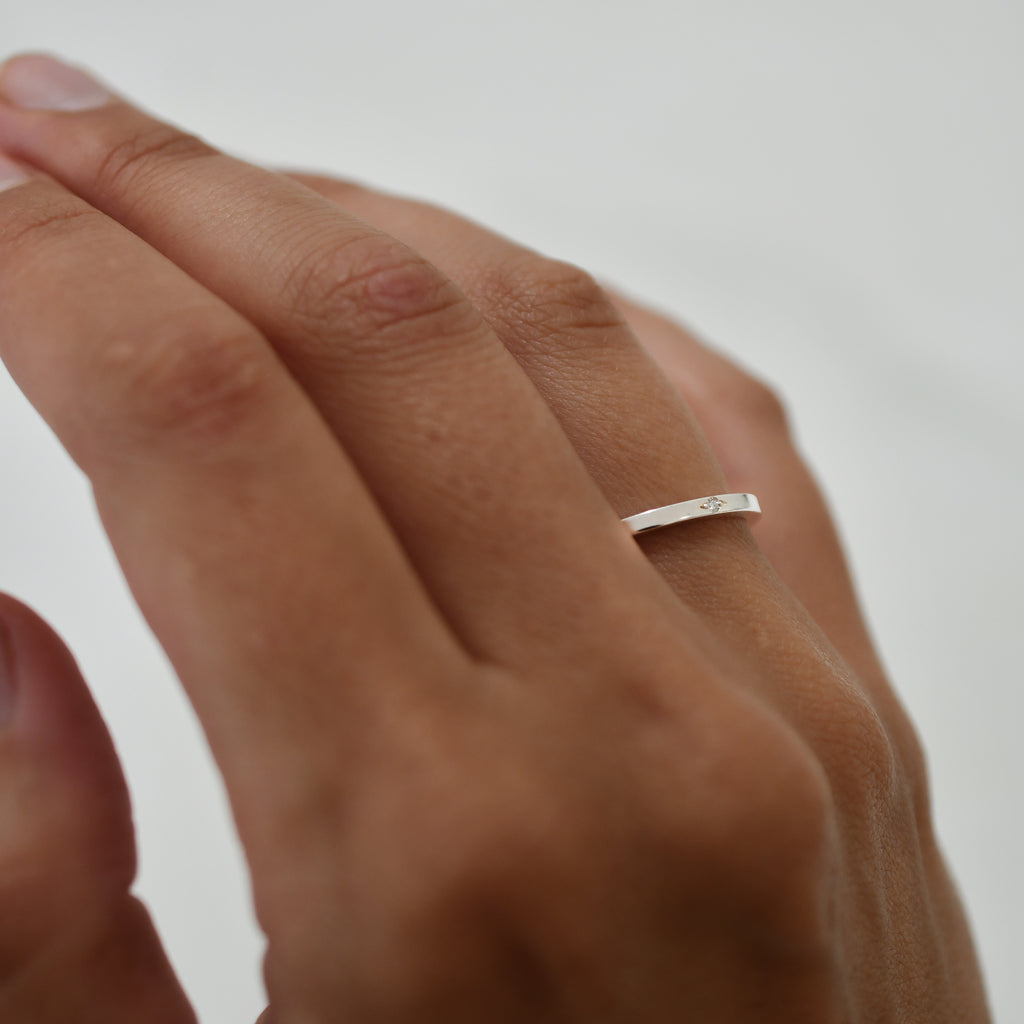 Dew Ring in Recycled Silver with Lab Grown Diamond on Woman's Hand