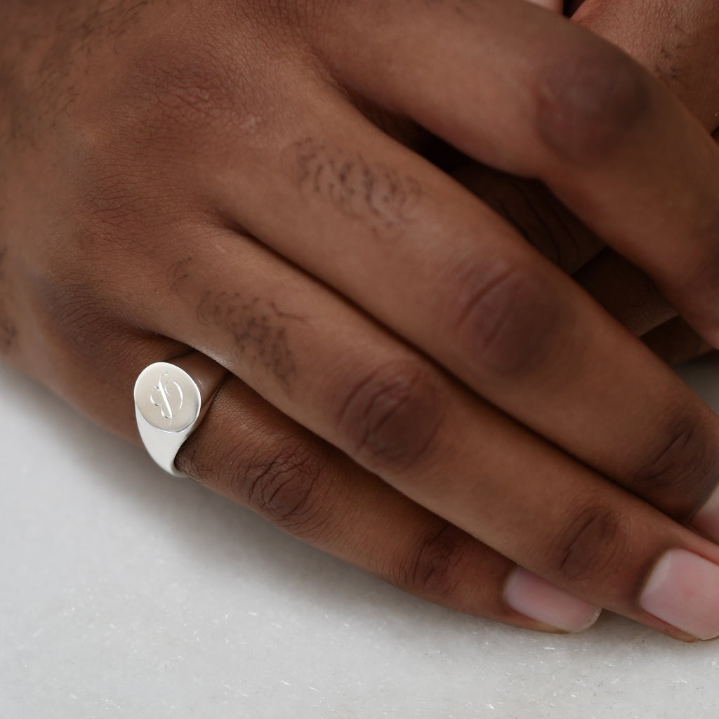 Recycled Silver Signet Ring on Unisex Hand