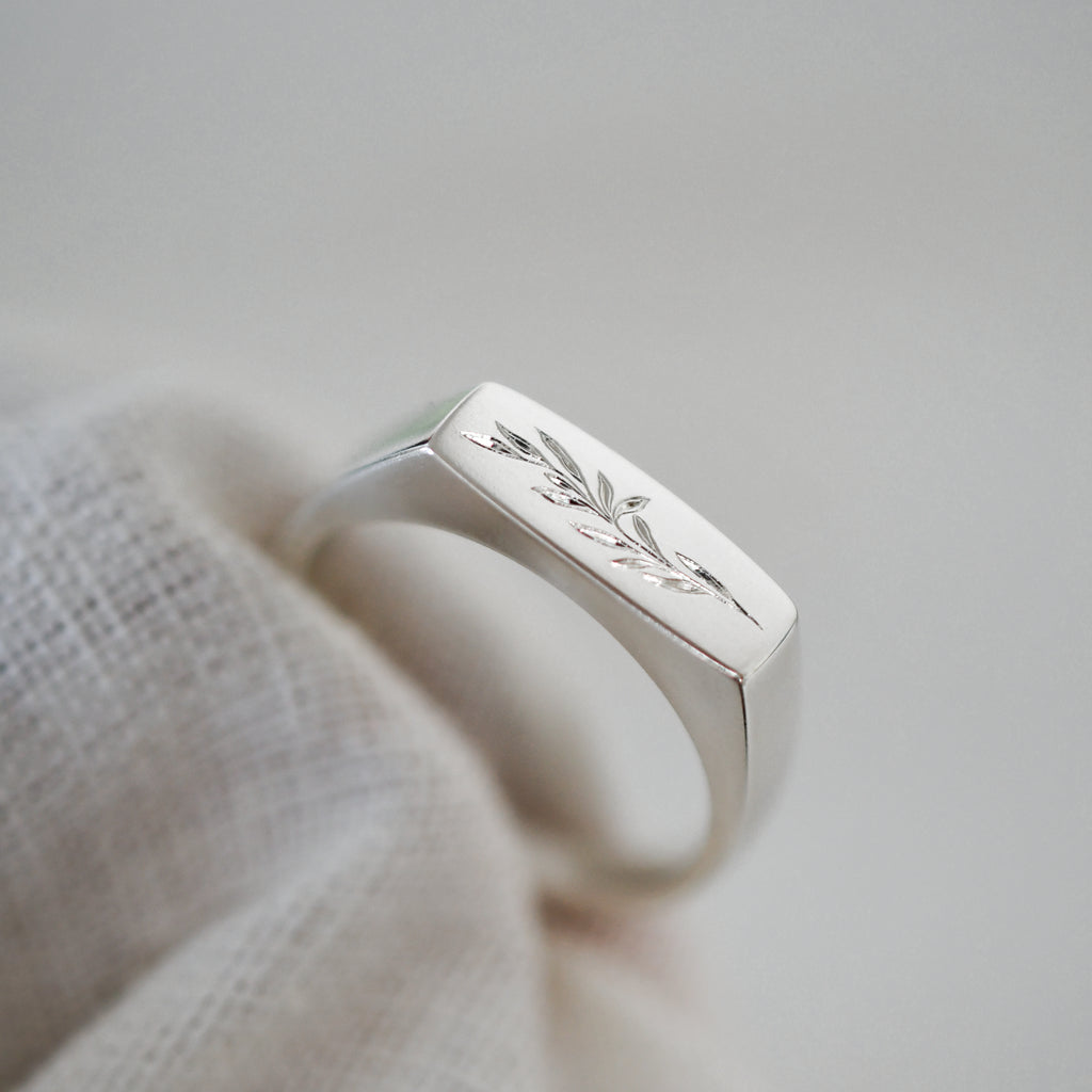 Custom Illustrated Leaves Recycled Silver Signet Ring