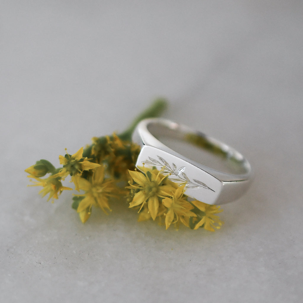 Custom Illustrated Leaves Recycled Silver Signet Ring