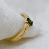 Sustainable jewellery — 9ct gold ring with a rectangular green sapphire and engraved leaf motif