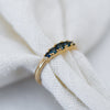 Sustainable jewellery — yellow gold ring featuring a row of blue sapphires