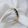 Yellow gold ring featuring a row of blue sapphires in varying shades of blue