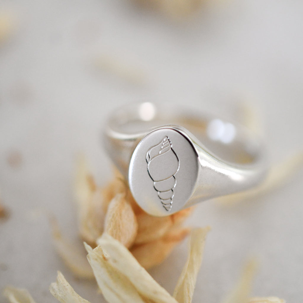 Custom Illustrated Shell Recycled Silver Signet Ring