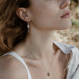 Woman wearing sustainable silver earrings. These ethical Pod Earrings are handmade in Cape Town in recycled silver from e-waste.